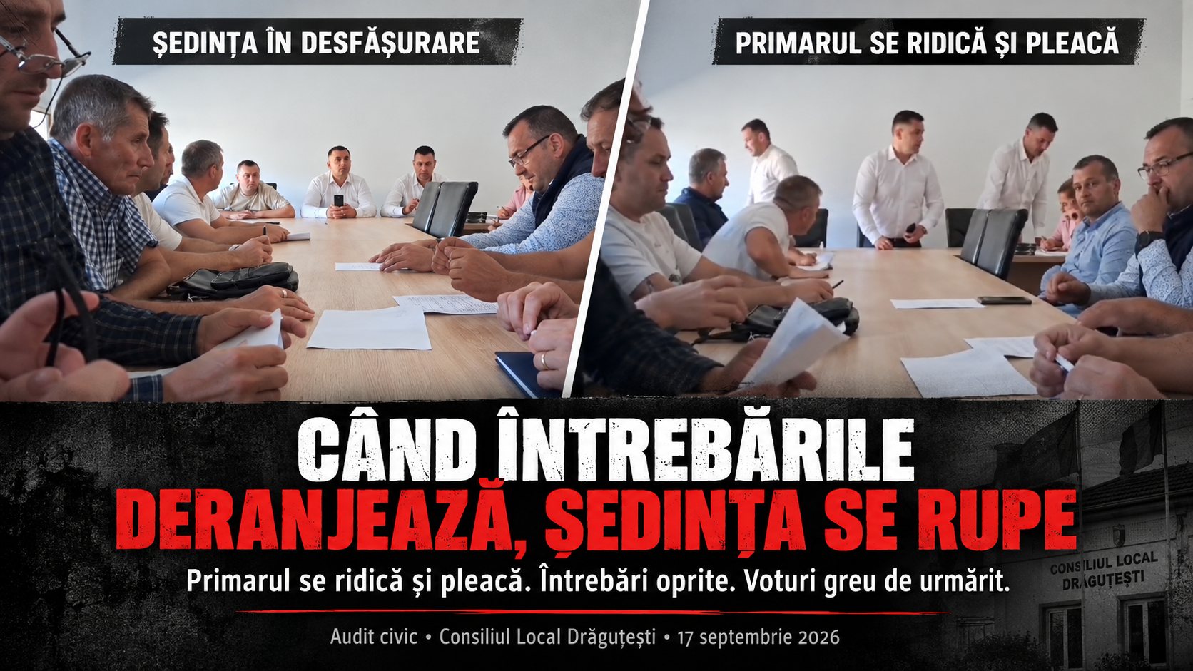 Două cadre autentice din ședința Consiliului Local Drăguțești din 17 septembrie 2026