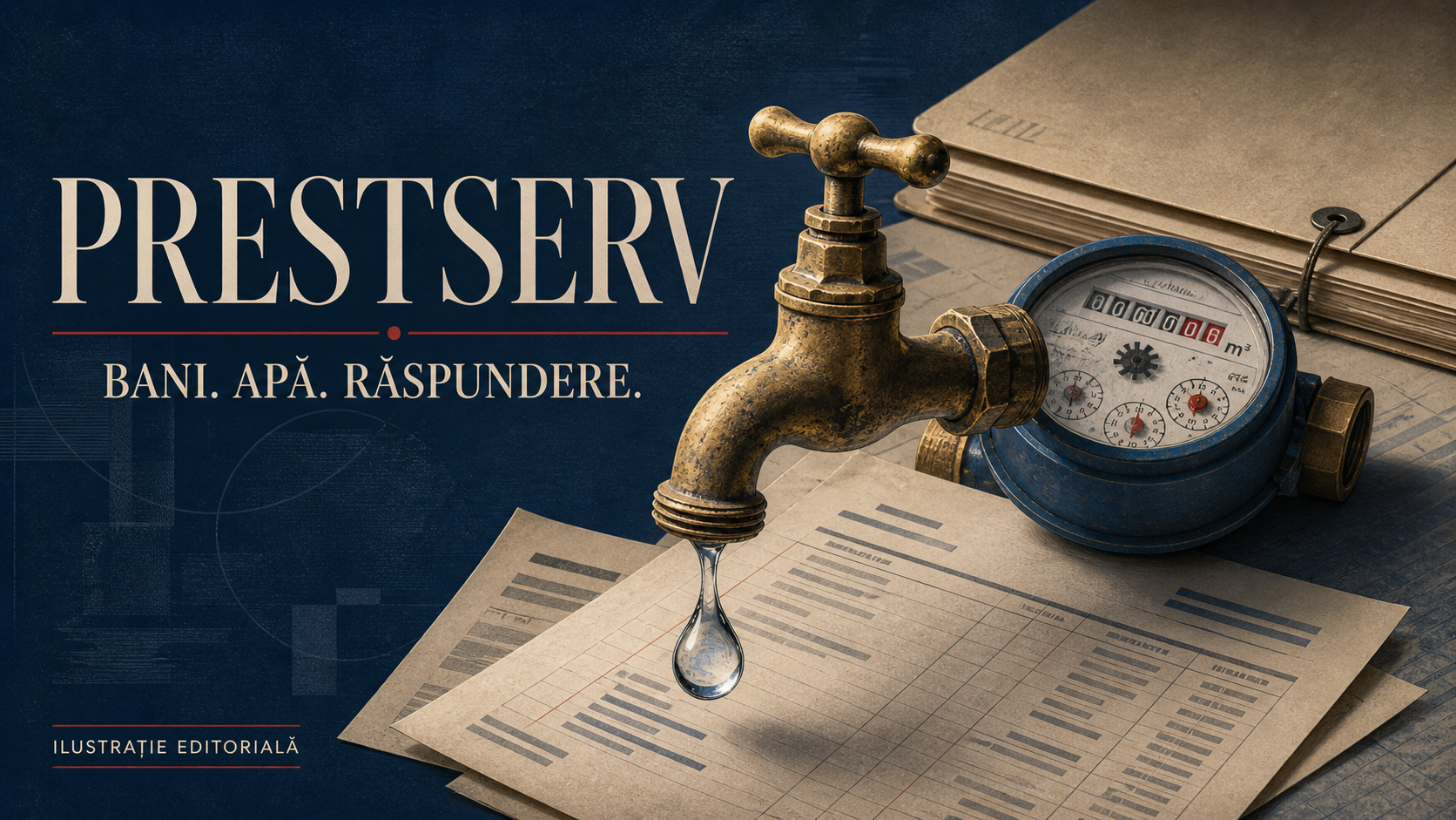 PRESTSERV — bani, apă, răspundere. Ilustrație editorială.